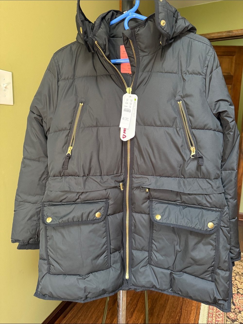 J. Crew Black Quilted Hooded Puffer Jacket with Gold Hardware
